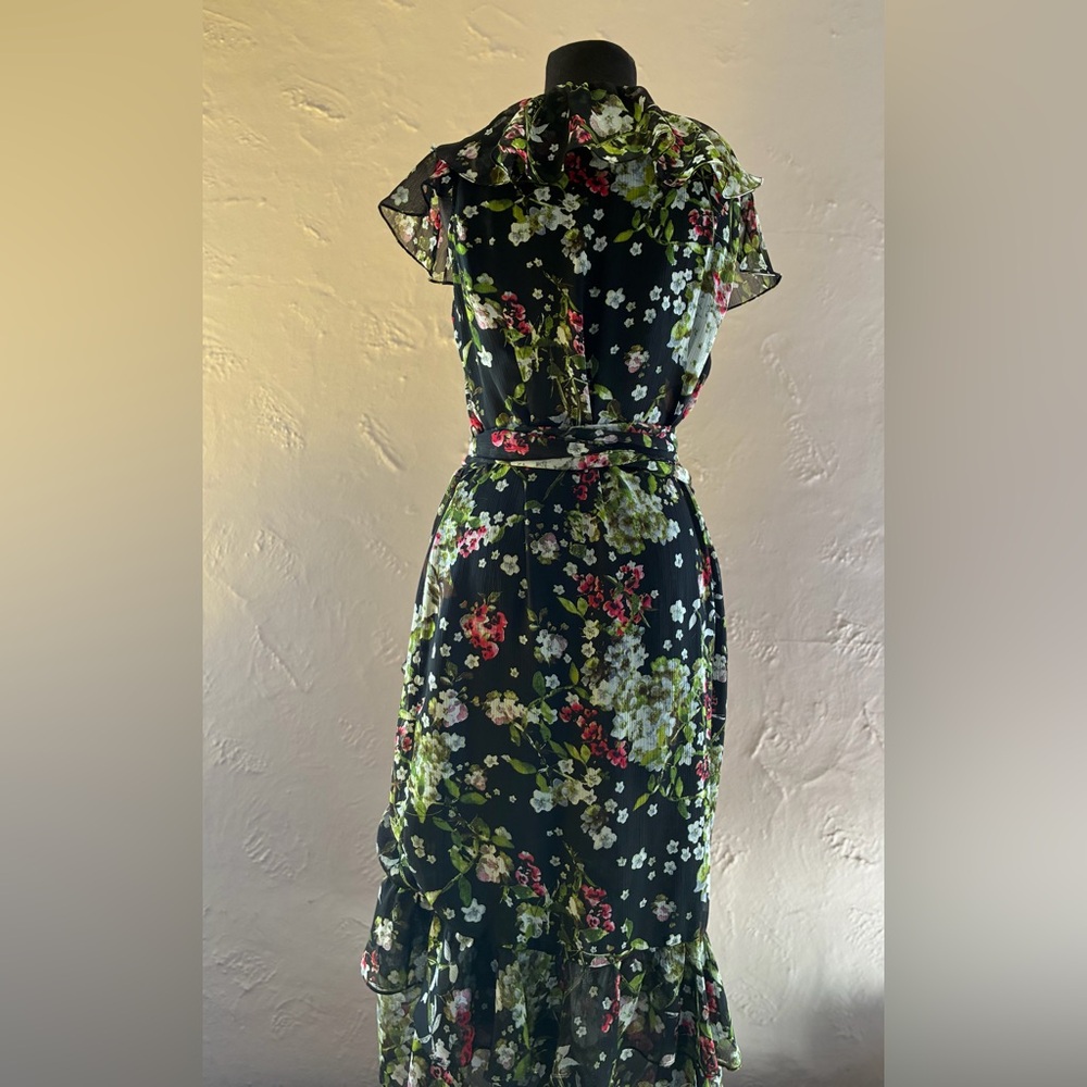 Vintage Floral Ruffle Midi Dress - Black Floral - Picture 13 of 15